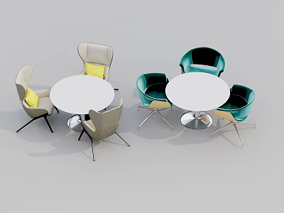 Modern Table and Chair Set with White Round Tables Gray and Teal Chairs 3d model