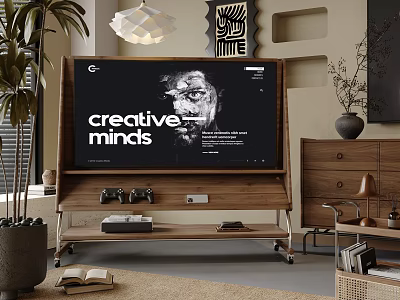 Modern Living Room TV With Wooden Stand Decorative Plants And Wall Art 3d model