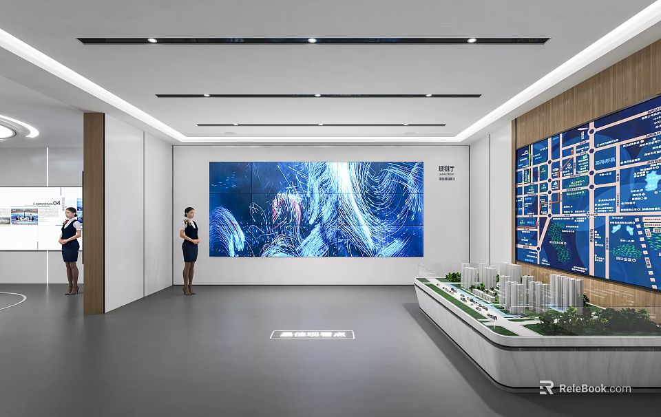 Modern Exhibition Hall With Large Dynamic Screen Model Display And Information Charts 3d model