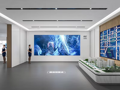 Modern Exhibition Hall With Large Dynamic Screen Model Display And Information Charts 3d model