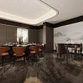 Modern Private Dining Room Interior With Round Dining Table Beige Chairs And Marble Floor 3d model