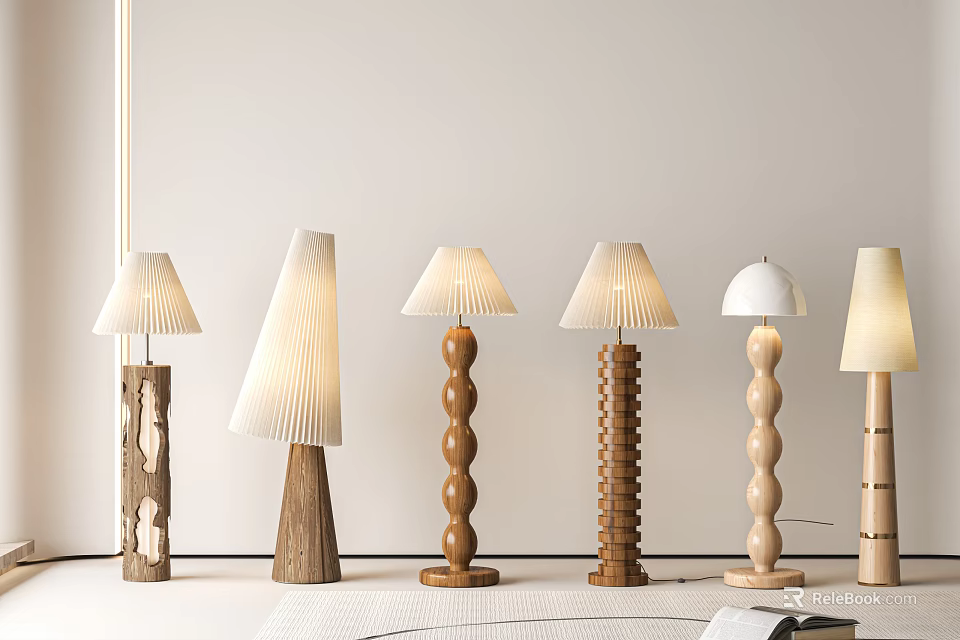 Modern Minimalist Floor Lamps with Wooden White Finishes Various Unique Base Shapes Contemporary Design 3d model 