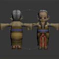 Cartoon Elderly Woman Character With Colorful Traditional Costume Gray Hair Front Back Views