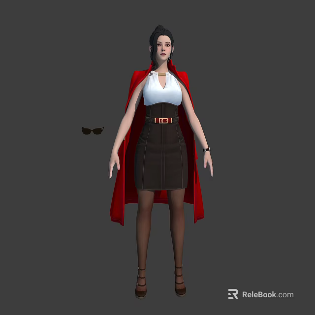 3D Model Female Character Wearing White Top Dark Skirt Red Cape Brown Belt and Sunglasses 3d model 