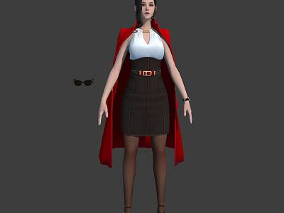 3D Model Female Character Wearing White Top Dark Skirt Red Cape Brown Belt and Sunglasses 3d model