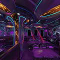 Modern Bar Interior With Neon Lights Purple Tones Laser Lights Bar Counter Seating Area And Stylish Design