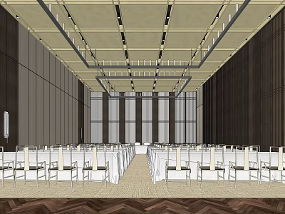 Modern Conference Room Interior With Neatly Arranged White Chairs Dark Walls And Herringbone Flooring 3d model