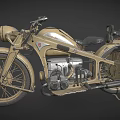 Vintage Khaki Motorcycle with Classic Headlight Side Case Metal Frame and Leather Seat