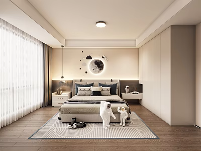 Modern Kids Bedroom Interior With Plush Toys And Celestial Wall Art 3d model