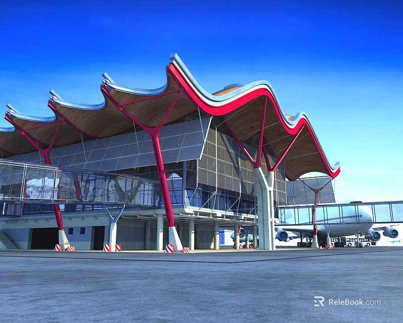 Aerial Planning of Modern Airport with Unique Roof Structure Glass Facade and Airplane 3d model 