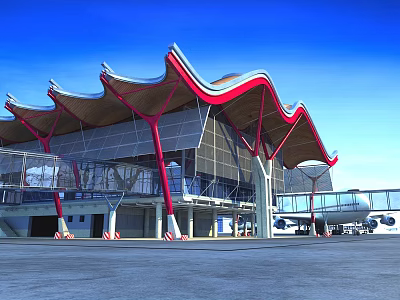 Aerial Planning of Modern Airport with Unique Roof Structure Glass Facade and Airplane 3d model