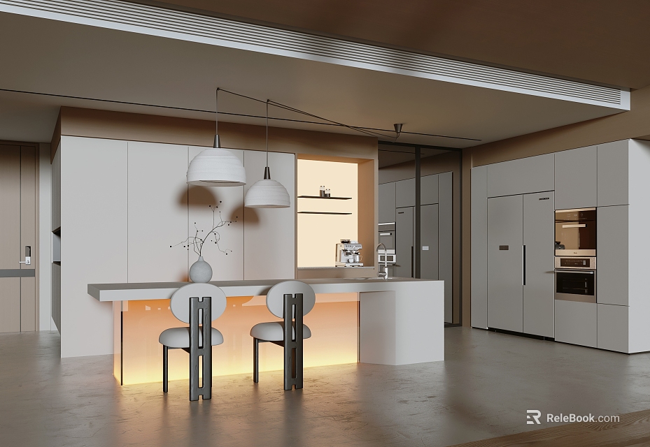 Modern Open Restaurant Kitchen With White Cabinets Island Bar Two Chairs And Pendant Lights 3d model 