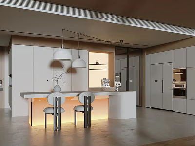Modern Open Restaurant Kitchen With White Cabinets Island Bar Two Chairs And Pendant Lights 3d model