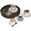 Elegant Tableware Set With Brown Tray White Cups Saucers Spoons Latte Art And Green Decor