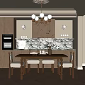 Warm Wooden Restaurant Interior With Dining Table Chairs Chandelier And Marble Backsplash