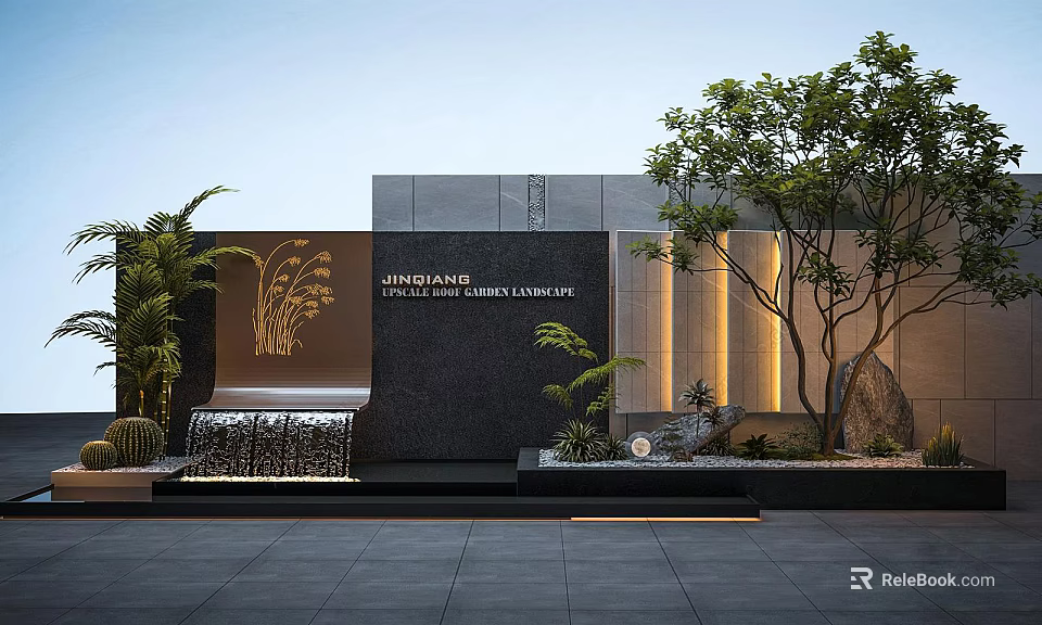 Modern Luxury Building Exterior Wall With Black Stone Golden Decor Greenery And Water Fountain 3d model 