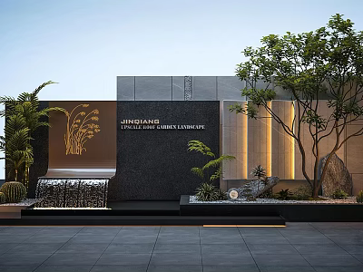 Modern Luxury Building Exterior Wall With Black Stone Golden Decor Greenery And Water Fountain 3d model