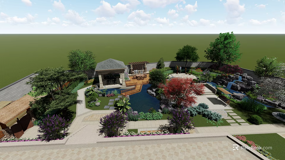 Rockery Stones in Traditional Garden Landscape with Pond Pavilion Trees and Colorful Plants 3d model 