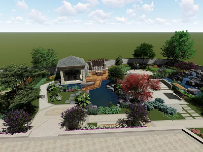 Rockery Stones in Traditional Garden Landscape with Pond Pavilion Trees and Colorful Plants 3d model