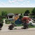 Rockery Stones in Traditional Garden Landscape with Pond Pavilion Trees and Colorful Plants