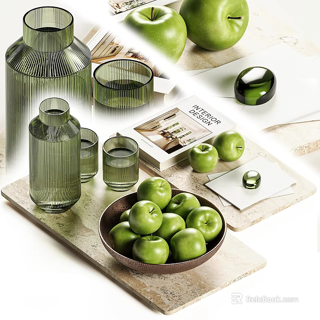 Decorative Ornament Set With Green Glass Vases Cups Wooden Bowl And Fresh Green Apples 3d model 