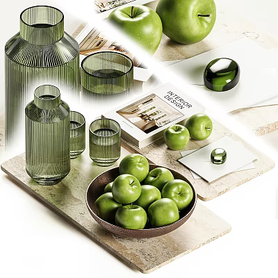 Decorative Ornament Set With Green Glass Vases Cups Wooden Bowl And Fresh Green Apples 3d model