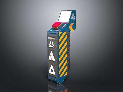 Blue And White Warning Device Featuring Red Button Display Screen Yellow Black Stripes And Signs 3d model