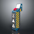Blue And White Warning Device Featuring Red Button Display Screen Yellow Black Stripes And Signs