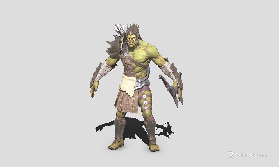 Green Skinned Tribal Warrior Game Movie Character With Spiked Armor And Battle Axe 3d model 