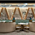 Modern Chinese Restaurant Interior With Curved Golden Counter Green Seats And Chandeliers