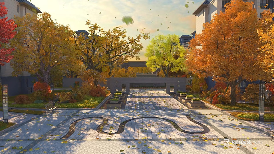 Autumn Garden Landscape with Paved Pathway Colorful Trees Falling Leaves and Distant Buildings 3d model 
