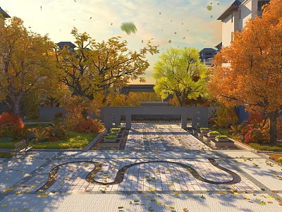 Autumn Garden Landscape with Paved Pathway Colorful Trees Falling Leaves and Distant Buildings 3d model