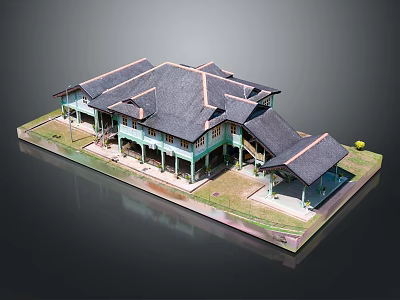 Traditional Style Building Model With Turquoise Exterior Dark Tile Roofs And Wooden Verandas 3d model