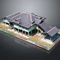 Traditional Style Building Model With Turquoise Exterior Dark Tile Roofs And Wooden Verandas