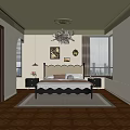 Elegant Modern Bedroom Interior With Black Headboard Bed Green Ceiling White Pendant Light City View