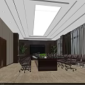 Modern Conference Room With Long Wooden Table Black Office Chairs Large Screen And Green Plants