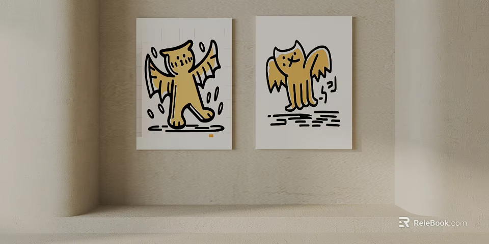 Two Yellow Winged Cartoon Creature Paintings With Dynamic Expressions On Wall 3d model
