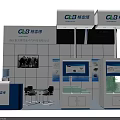 GLB Exhibition Booth With Modern White Blue Design And Display Screens Tables Chairs