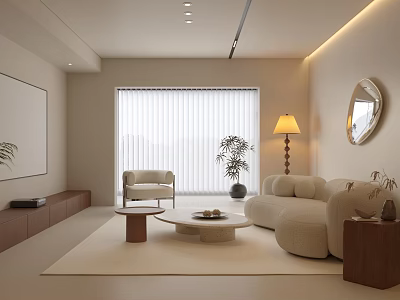 Modern Living Room With Beige Sofa Coffee Table Floor Lamp Round Mirror And Potted Plant 3d model