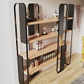 Modern Shelving Unit Featuring Black Frame Wooden Shelves Holding Wine Bottles Glasses Decorative Items