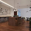 Elegant Modern Café Interior With Wooden Floors Pendant Lights And Green Plants
