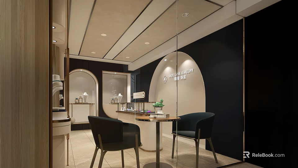 Elegant Jewelry Store Interior Design With Display Cases Soft Lighting Glass Partitions And Comfortable Chairs 3d model 