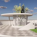 Modern Circular Outdoor Pavilion With White Vertical Slats And Central Tree On Checkerboard Tiles