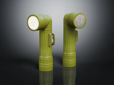 Two Green Vintage Flashlights With Plastic Body And Round Illuminated Lampshade 3d model