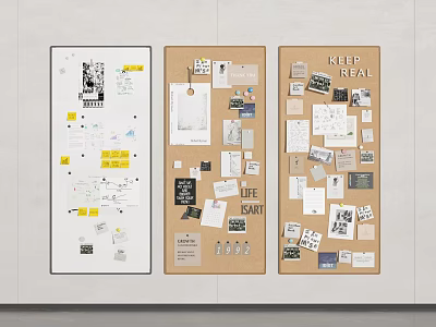 Three Bulletin Boards With Notes Photos Papers And Keep Real Signage 3d model