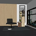 Modern Interior Decorative Ornaments Combination With Wooden Wall Gray Chair Side Table Sculpture And Area Rug