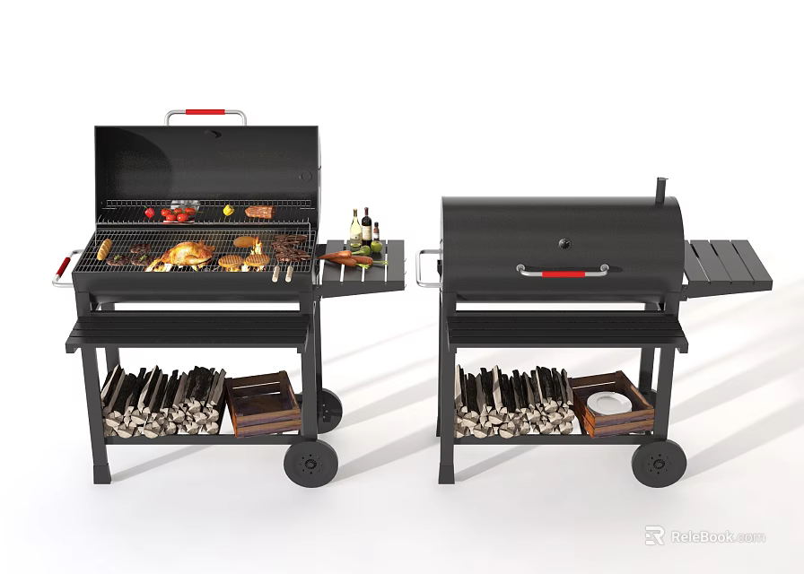 Black Outdoor Cooking Grills With Wheels Food On Top And Wood Storage Shelves 3d model 