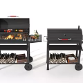 Black Outdoor Cooking Grills With Wheels Food On Top And Wood Storage Shelves