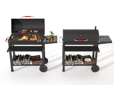 Black Outdoor Cooking Grills With Wheels Food On Top And Wood Storage Shelves 3d model