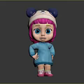 Cute Child Cartoon Character In Pink Hat With Blue Ears Blue Dress And Pink Shoes